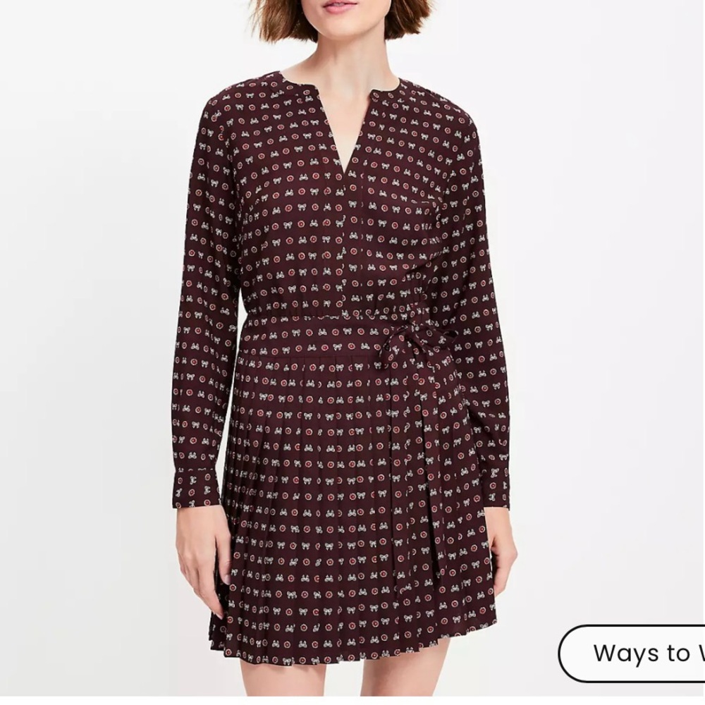 LOFT Petite Bow Pleated Mini Dress in Plum Raisin
